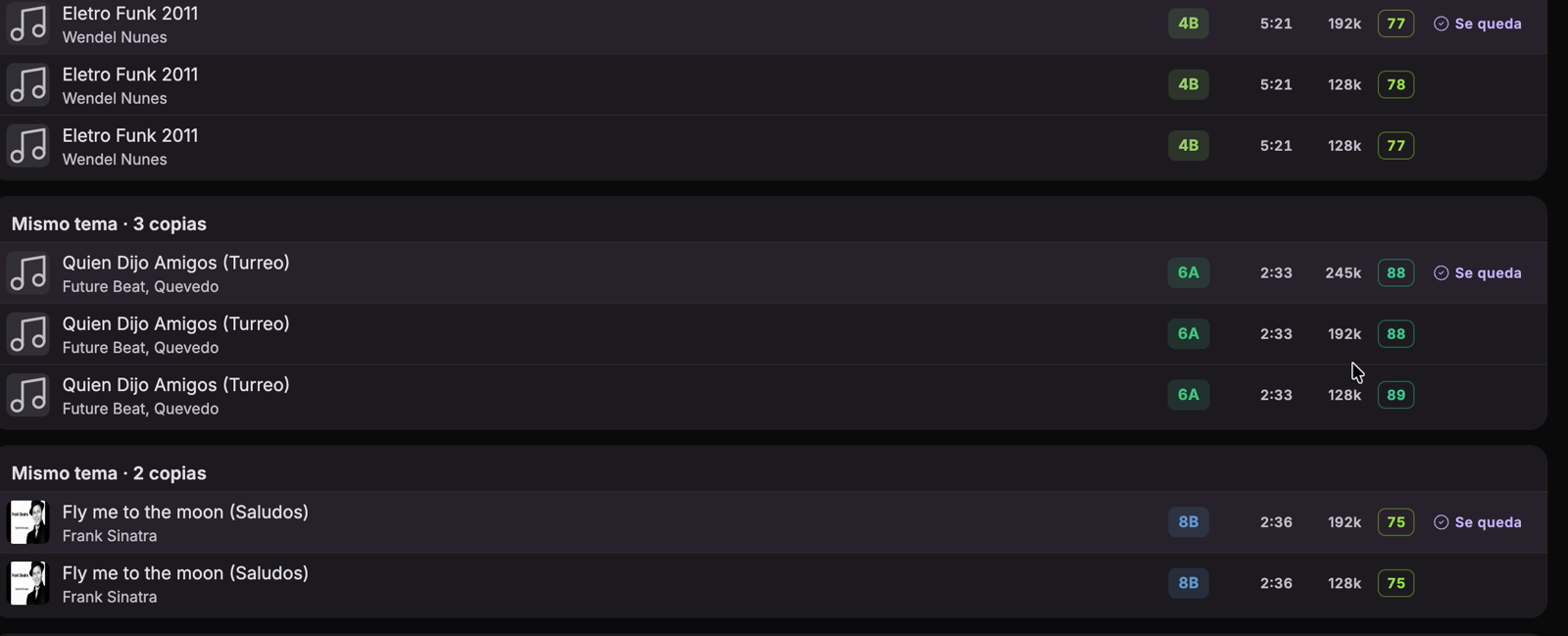 Tres copias del mismo tema con distinto bitrate