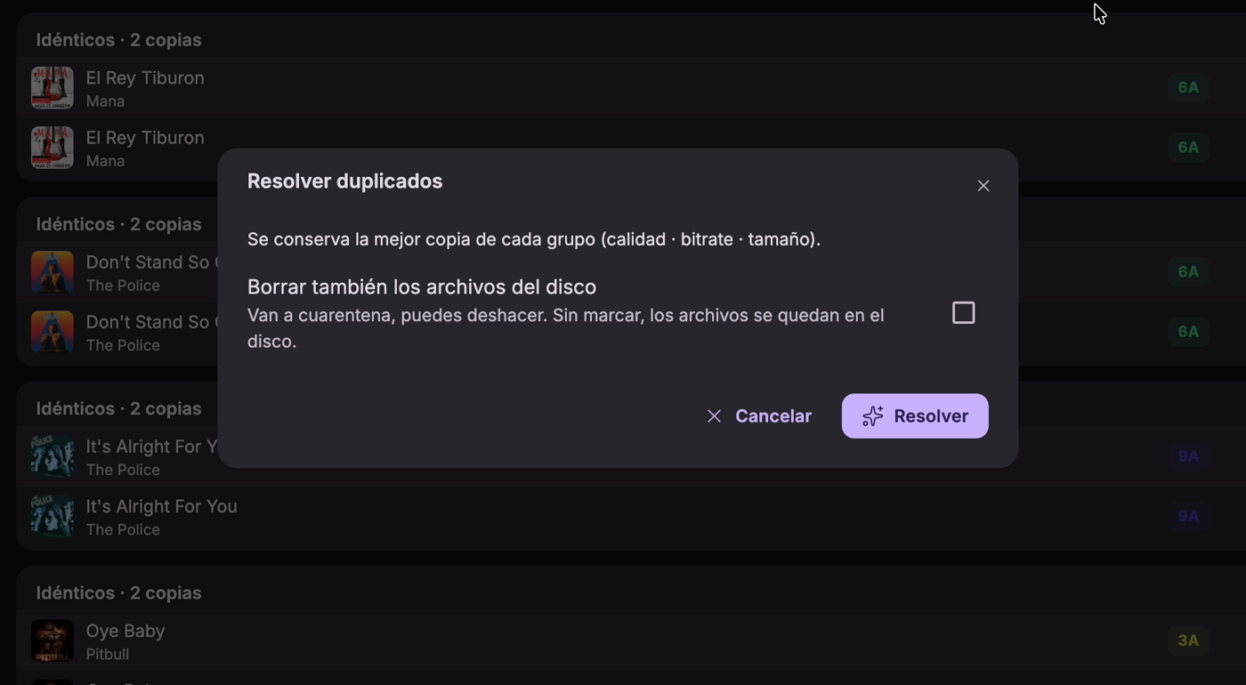 Aviso antes de resolver, con la opción de borrar del disco
