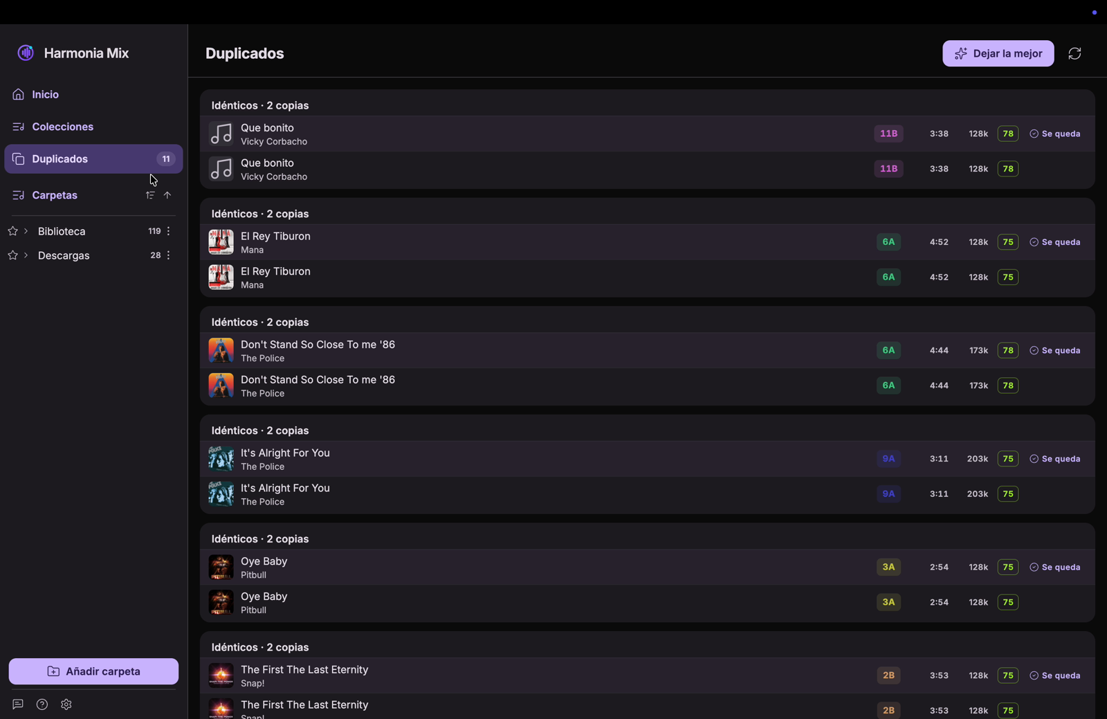 Grupos de duplicados en Harmonia Mix